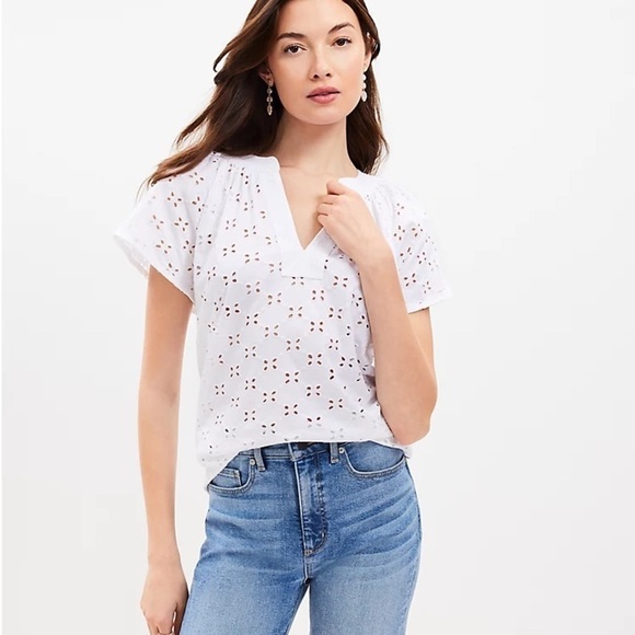 Loft White Eyelet Lace Short Sleeve Cotton Split Neck Flowy Knit Loose Fit Top - Picture 1 of 6